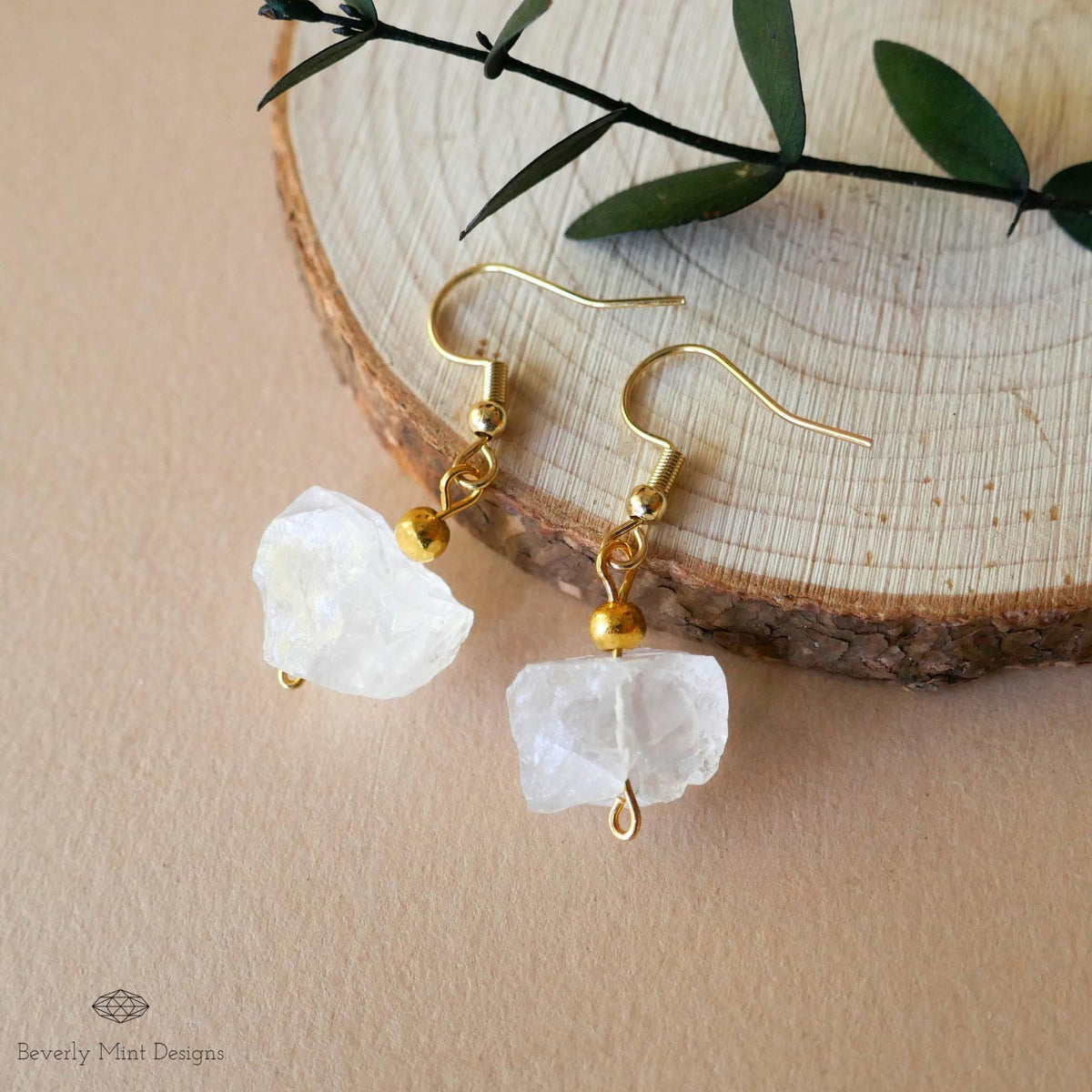 Irregular Rough Natural Raw Stone Earrings, Clear Quartz Earrings with 18K Gold Posts, Sensitive Ear & Clip-On Options