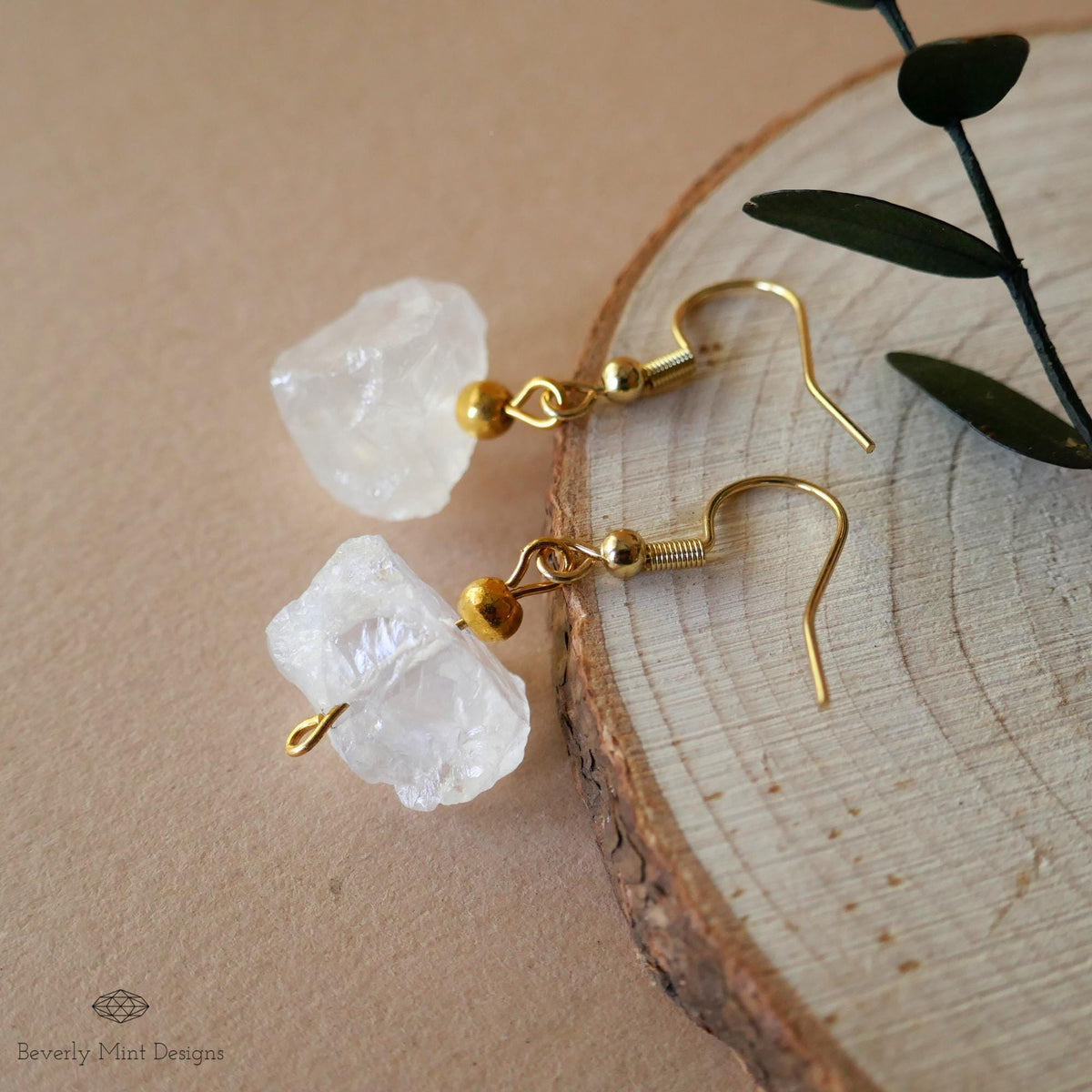 Irregular Rough Natural Raw Stone Earrings, Clear Quartz Earrings with 18K Gold Posts, Sensitive Ear & Clip-On Options