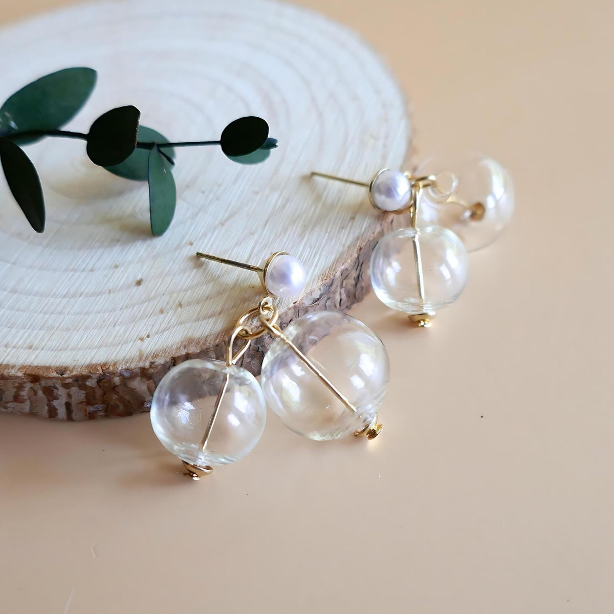 Glass Bubble Dangle Earrings, Mid Century Style, Clear Ball, Gold Tone, Vintage Charm
