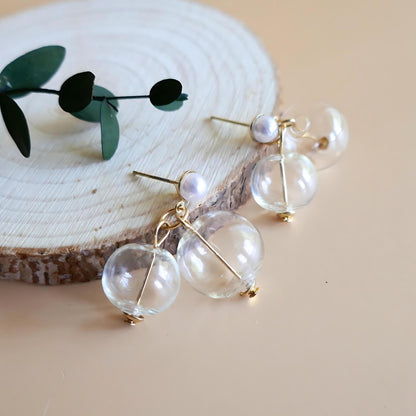 Glass Bubble Dangle Earrings, Mid Century Style, Clear Ball, Gold Tone, Vintage Charm