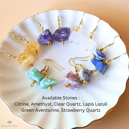 Irregular Rough Natural Raw Stone Earrings, Clear Quartz Earrings with 18K Gold Posts, Sensitive Ear & Clip-On Options