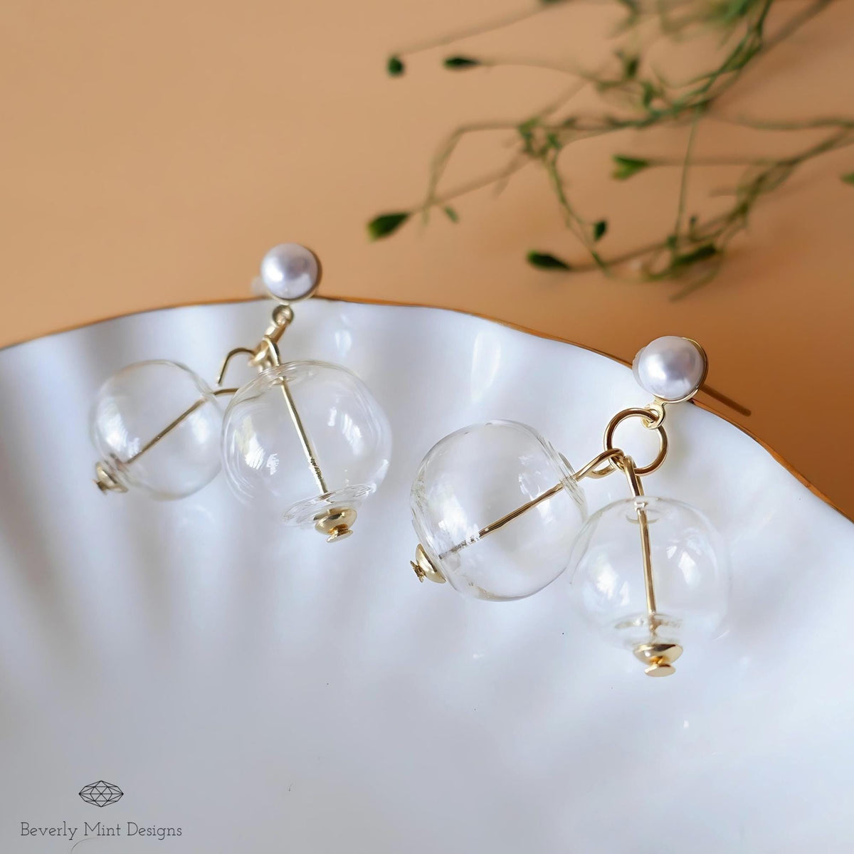 Glass Bubble Dangle Earrings, Mid Century Style, Clear Ball, Gold Tone, Vintage Charm