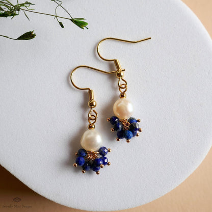 Pearl and Blue Stone Earrings, Dainty Gold Hoop Earrings, Elegant Cluster Jewelry, Bridesmaid Gift, Sensitive Ear & Clip-On Options