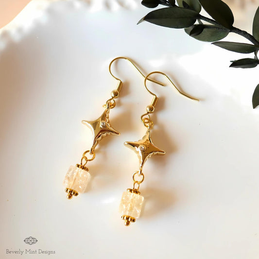 Gold Star Dangle Earrings with Gemstone Beads - Boho Chic Jewelry, Handmade Statement Earrings, Sensitive Ear & Clip-On Options