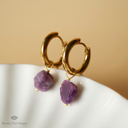 Raw Ruby Stone Earrings, 18K Gold Huggie Hoop Earrings with July Birthstone, Red Stone Earrings , Purple/Red Jewelry, Gift For Her