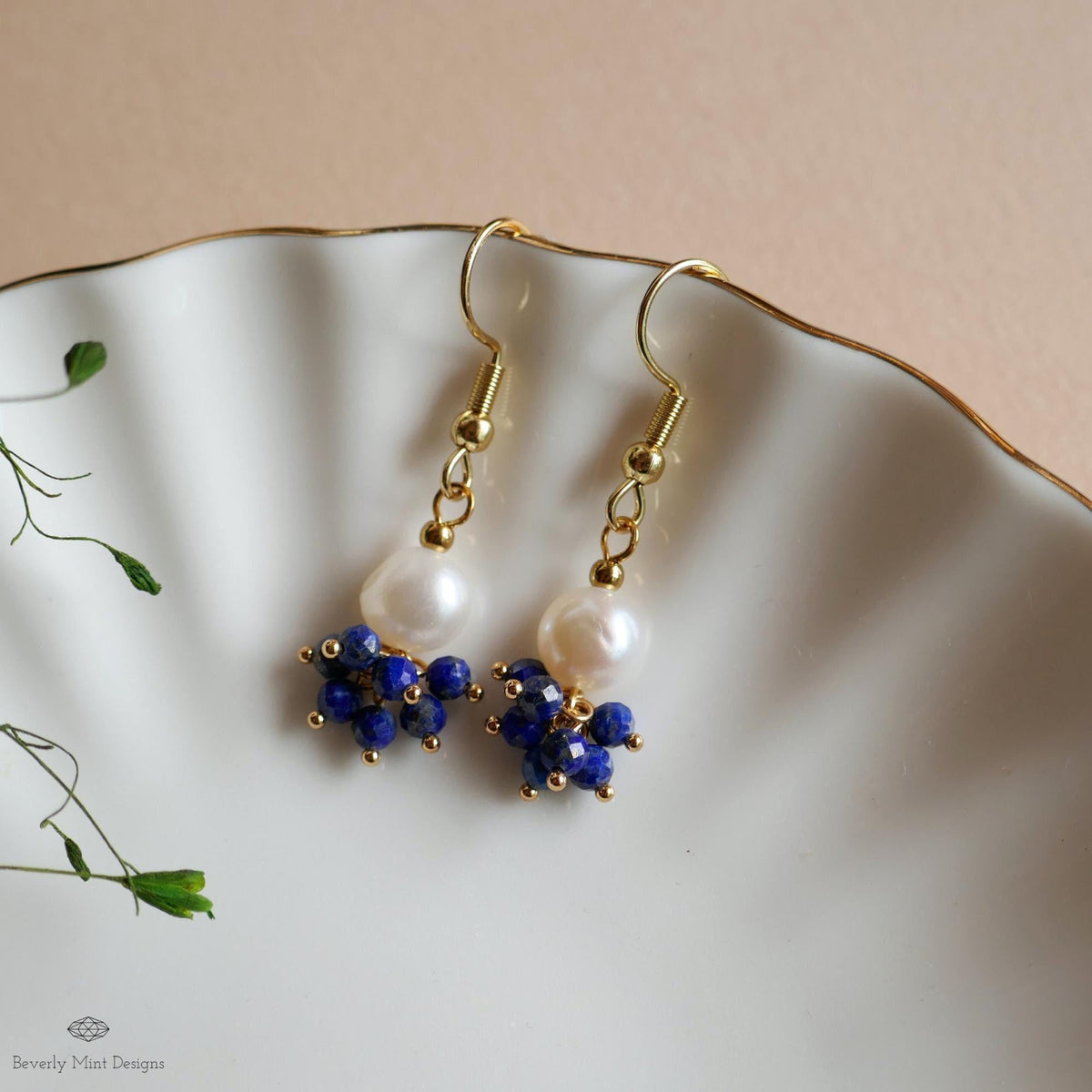 Pearl and Blue Stone Earrings, Dainty Gold Hoop Earrings, Elegant Cluster Jewelry, Bridesmaid Gift, Sensitive Ear & Clip-On Options