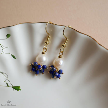 Pearl and Blue Stone Earrings, Dainty Gold Hoop Earrings, Elegant Cluster Jewelry, Bridesmaid Gift, Sensitive Ear & Clip-On Options