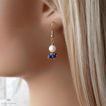 Pearl and Blue Stone Earrings, Dainty Gold Hoop Earrings, Elegant Cluster Jewelry, Bridesmaid Gift, Sensitive Ear & Clip-On Options