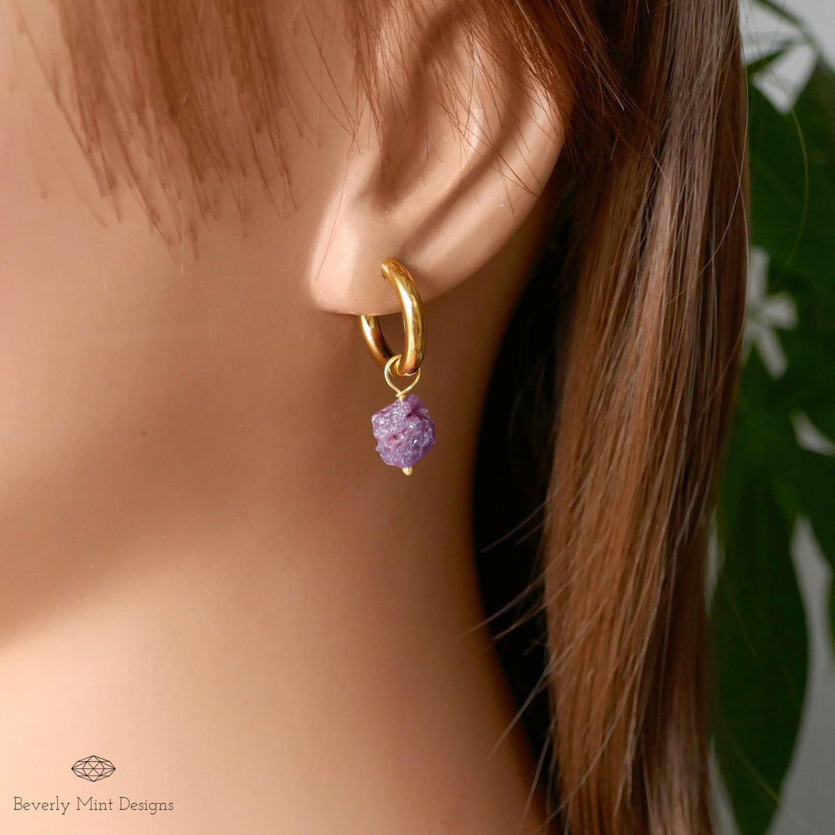 Raw Ruby Stone Earrings, 18K Gold Huggie Hoop Earrings with July Birthstone, Red Stone Earrings , Purple/Red Jewelry, Gift For Her