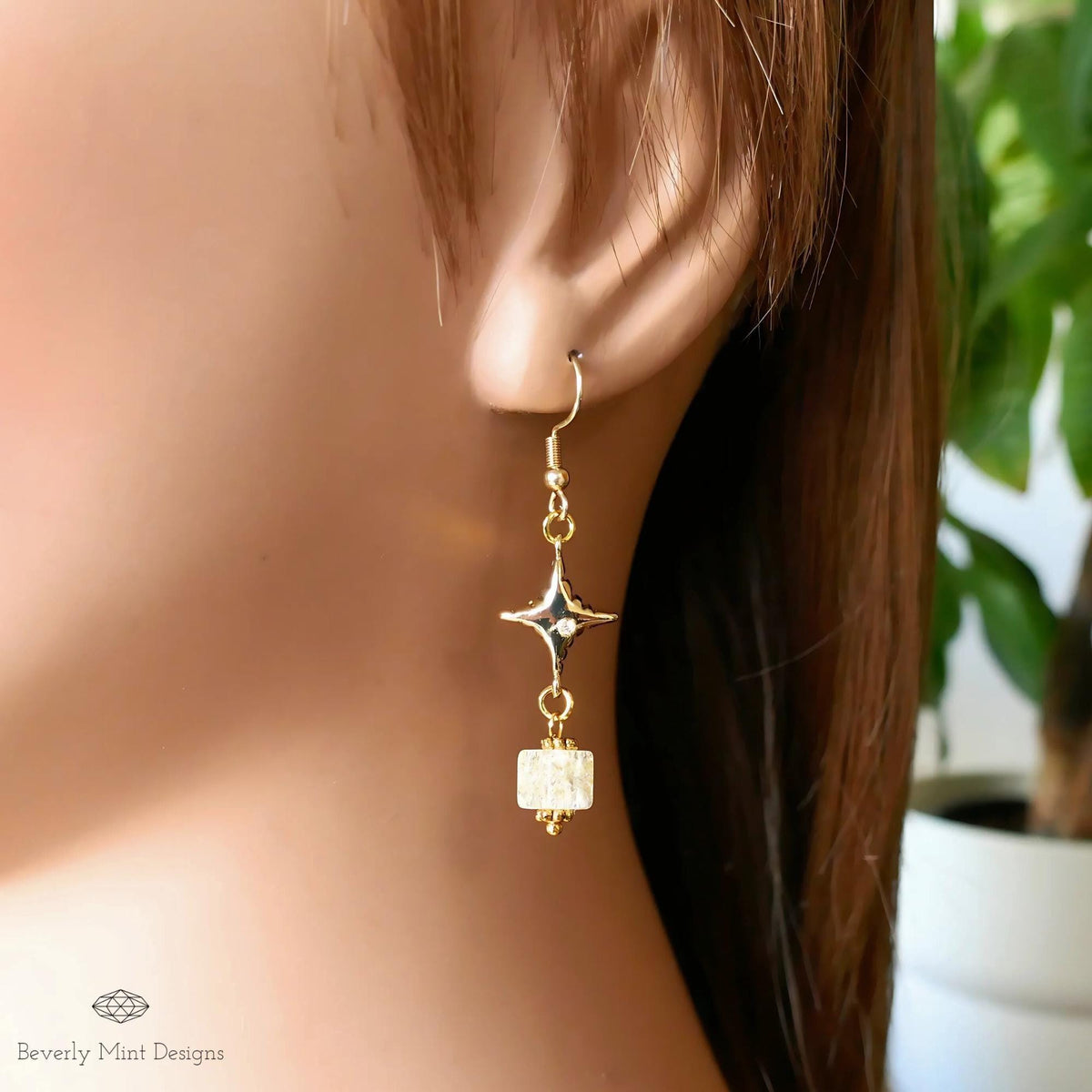 Gold Star Dangle Earrings with Gemstone Beads - Boho Chic Jewelry, Handmade Statement Earrings, Sensitive Ear & Clip-On Options