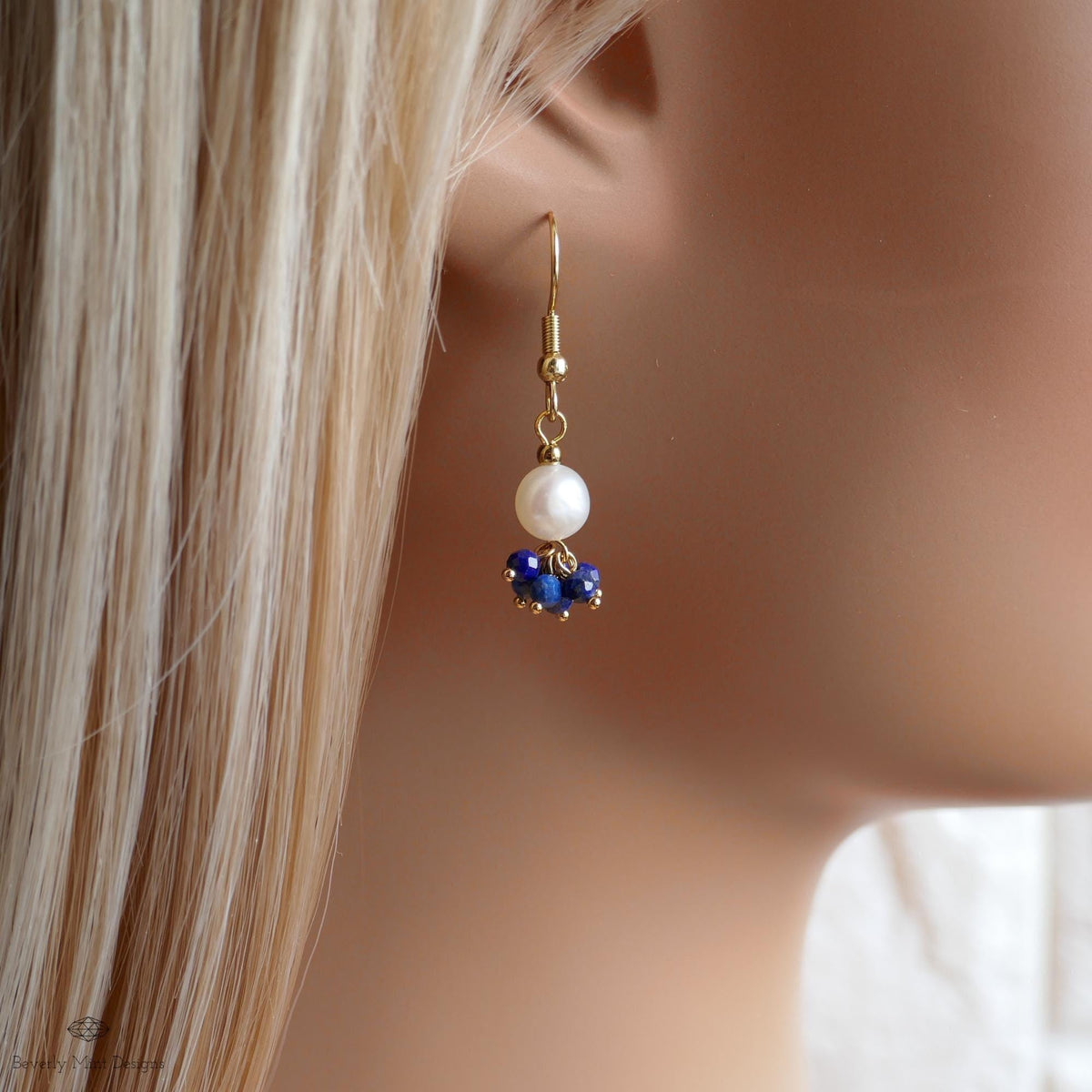 Pearl and Blue Stone Earrings, Dainty Gold Hoop Earrings, Elegant Cluster Jewelry, Bridesmaid Gift, Sensitive Ear & Clip-On Options