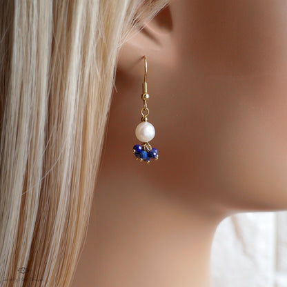 Pearl and Blue Stone Earrings, Dainty Gold Hoop Earrings, Elegant Cluster Jewelry, Bridesmaid Gift, Sensitive Ear & Clip-On Options