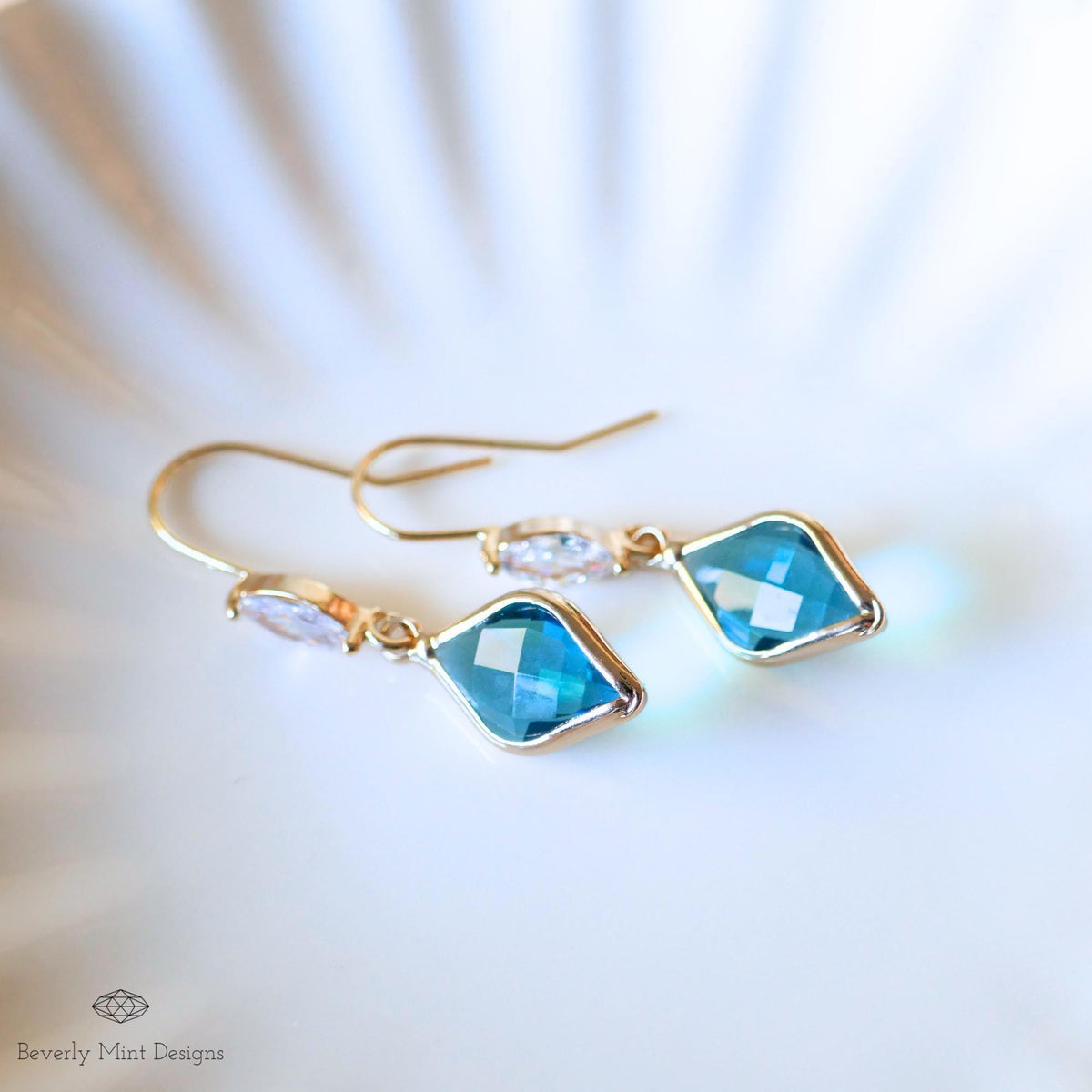 Blue Teardrop Crystal Earrings, Gold Marquise Dangle Earrings, Cubic Zirconia Handmade Jewelry, Gift for Mother, Something Blue Earrings