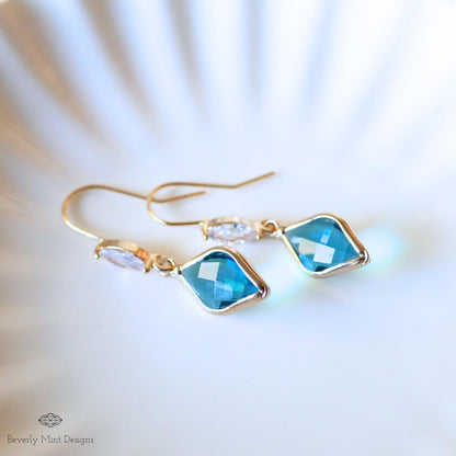 Blue Teardrop Crystal Earrings, Gold Marquise Dangle Earrings, Cubic Zirconia Handmade Jewelry, Gift for Mother, Something Blue Earrings