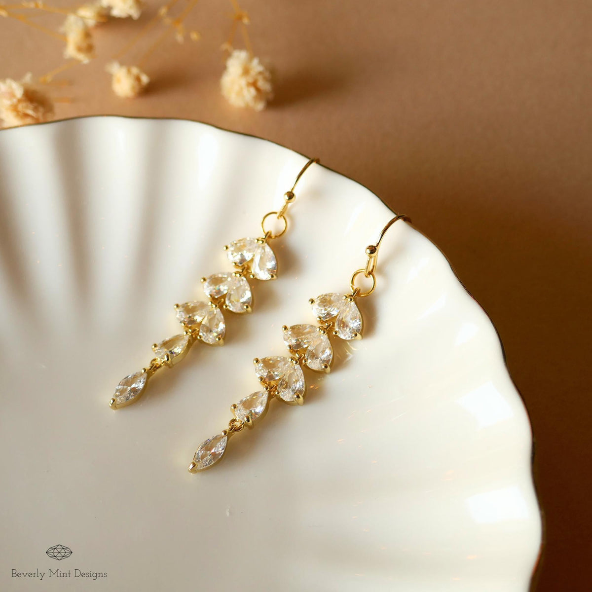 Gold Leaf Crystal Dangle Earrings, Bridal Statement Jewelry, Long Drop Sparkling Earrings, Sensitive Ear & Clip-On Options