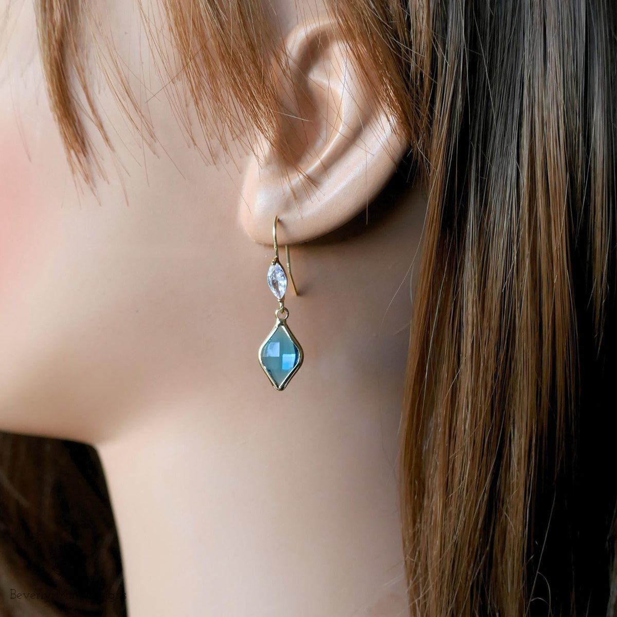 Blue Teardrop Crystal Earrings, Gold Marquise Dangle Earrings, Cubic Zirconia Handmade Jewelry, Gift for Mother, Something Blue Earrings