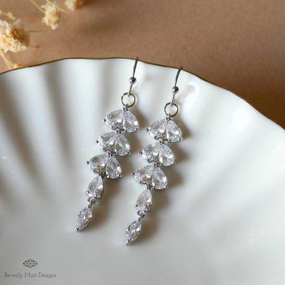 Gold Leaf Crystal Dangle Earrings, Bridal Statement Jewelry, Long Drop Sparkling Earrings, Sensitive Ear & Clip-On Options
