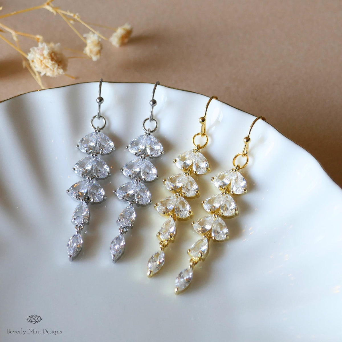 Gold Leaf Crystal Dangle Earrings, Bridal Statement Jewelry, Long Drop Sparkling Earrings, Sensitive Ear & Clip-On Options