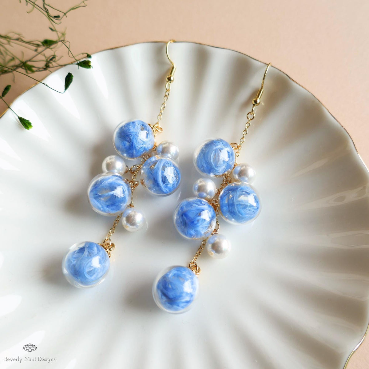 Bubble Earrings , Dangle Glass Beaded Earrings with Pearls, Gold Chain Lightweight Fairycore Jewelry, Sensitive Ear & Clip-On Options