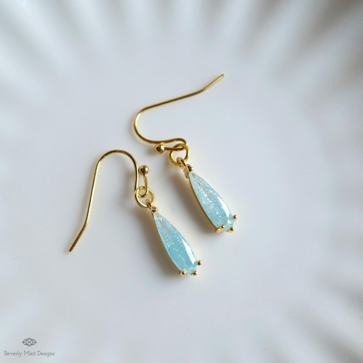 Blue Teardrop Sparkle Earrings, Light Blue Dangle Earrings Gold Drop Earrings Dainty Glitter Jewelry, Sensitive Ear & Clip-On Options