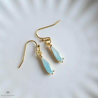 Blue Teardrop Sparkle Earrings, Light Blue Dangle Earrings Gold Drop Earrings Dainty Glitter Jewelry, Sensitive Ear & Clip-On Options