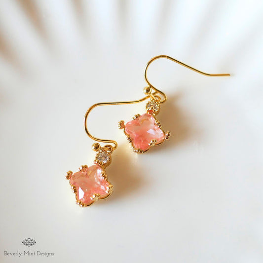 Gold Pink Crystal Earrings, Dainty Drop Jewelry for Women, Elegant Bridal Earrings, Lightweight, Sensitive Ear & Clip-On Options