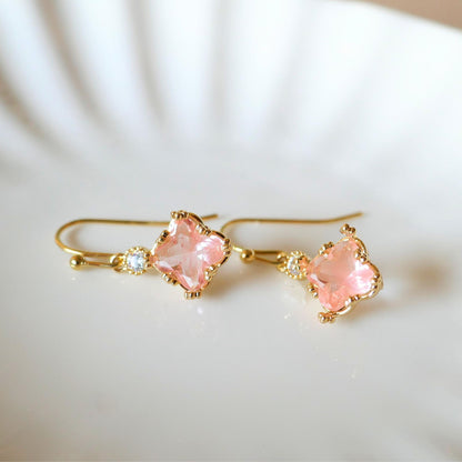 Gold Pink Crystal Earrings, Dainty Drop Jewelry for Women, Elegant Bridal Earrings, Lightweight, Sensitive Ear & Clip-On Options