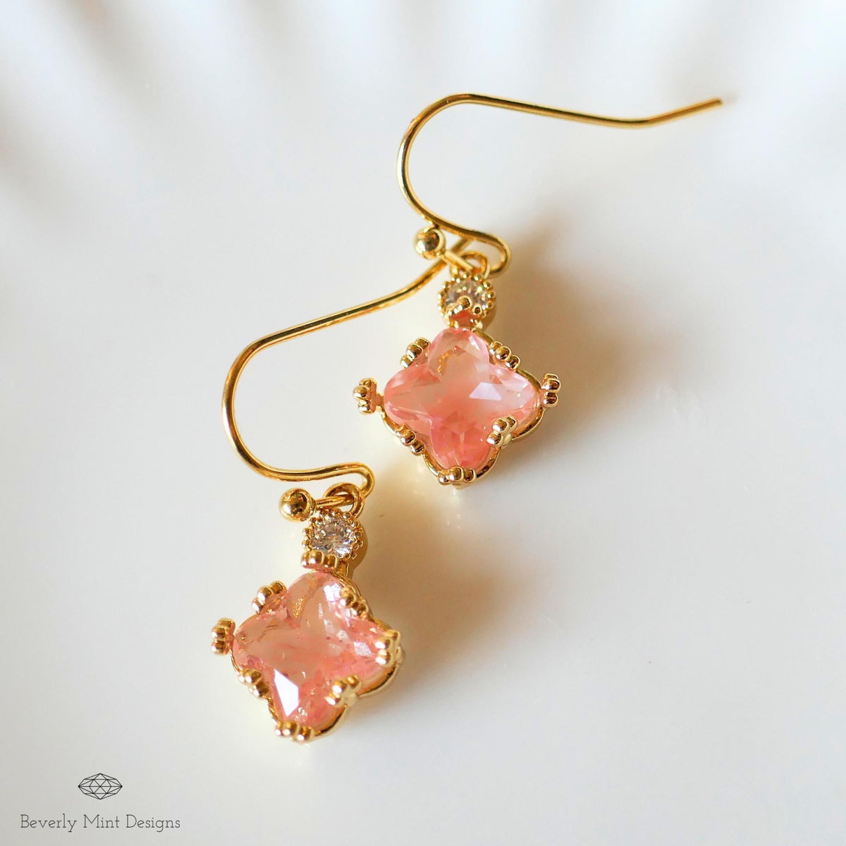 Gold Pink Crystal Earrings, Dainty Drop Jewelry for Women, Elegant Bridal Earrings, Lightweight, Sensitive Ear & Clip-On Options