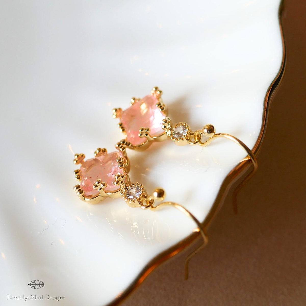 Gold Pink Crystal Earrings, Dainty Drop Jewelry for Women, Elegant Bridal Earrings, Lightweight, Sensitive Ear & Clip-On Options