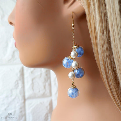 Bubble Earrings , Dangle Glass Beaded Earrings with Pearls, Gold Chain Lightweight Fairycore Jewelry, Sensitive Ear & Clip-On Options