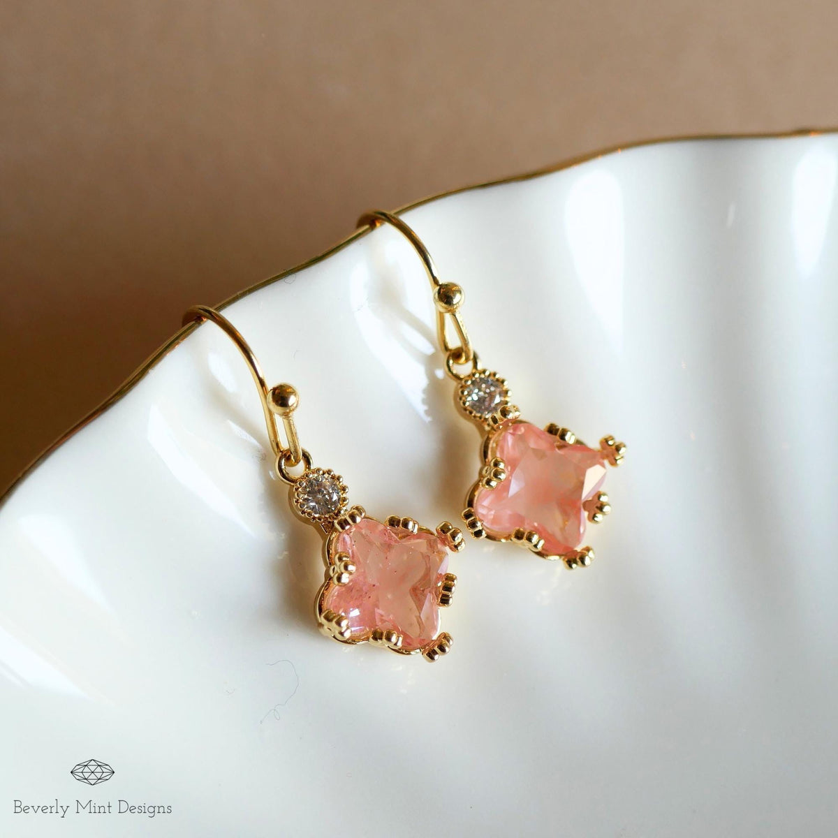 Gold Pink Crystal Earrings, Dainty Drop Jewelry for Women, Elegant Bridal Earrings, Lightweight, Sensitive Ear & Clip-On Options