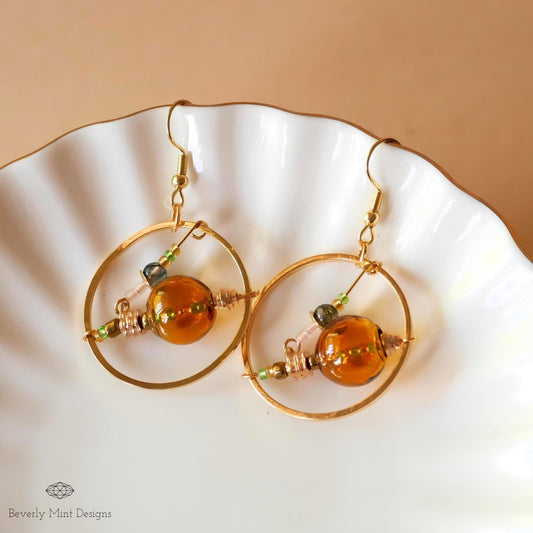 18K Gold Retro Earrings, Unique Drop Earrings, Yellow Glass Bubble Earrings, Unique Dangle Earrings, Long Drop Earrings