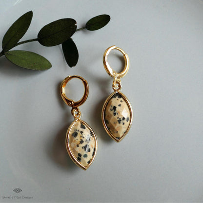 Dalmatian Jasper Hoop Earrings, Leopard Pattern Stone Earrings, Marquise Drop Earrings, Boho Jewelry, Sensitive Ear & Clip-On Options