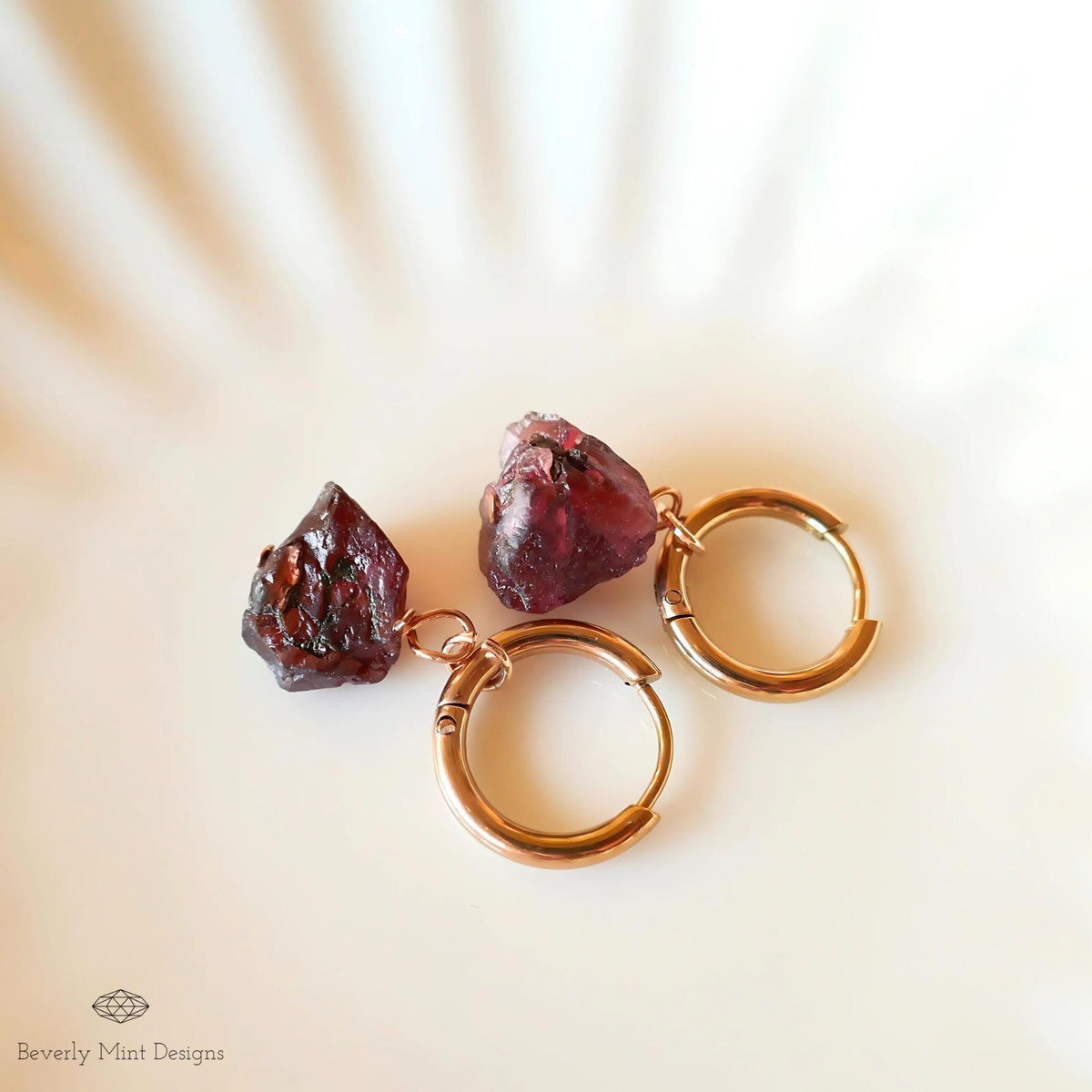 Red Raw Stone Earrings, Rose Gold Huggie Hoop Earrings with January Birthstone, Raw Garnet Stone Earrings , Red Earrings , Chakra Stone Gift