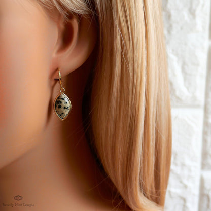 Dalmatian Jasper Hoop Earrings, Leopard Pattern Stone Earrings, Marquise Drop Earrings, Boho Jewelry, Sensitive Ear & Clip-On Options