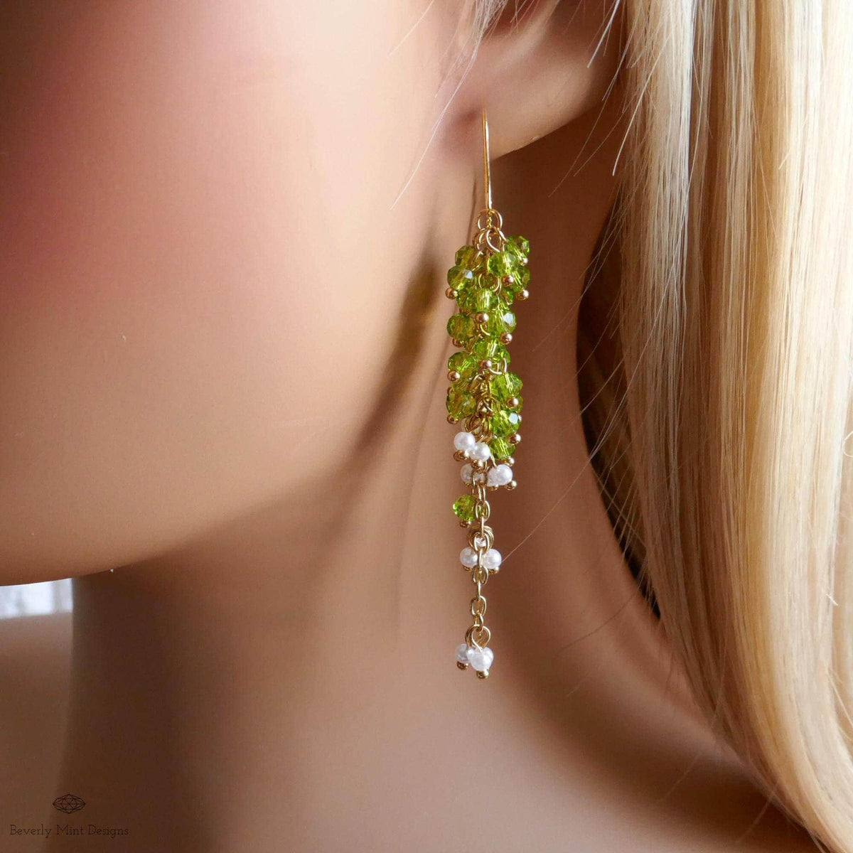 Green Beaded Dangle Earrings with Pearls Gold Chain Earrings Handmade Statement Jewelry Spring Bridal Gift, Sensitive Ear & Clip-On Options