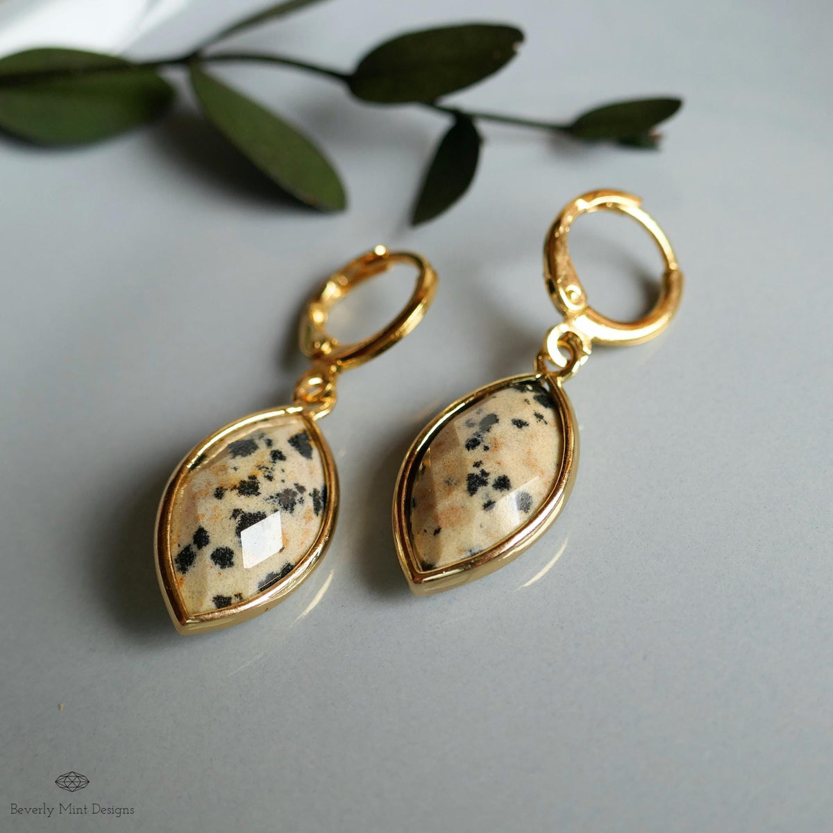 Dalmatian Jasper Hoop Earrings, Leopard Pattern Stone Earrings, Marquise Drop Earrings, Boho Jewelry, Sensitive Ear & Clip-On Options