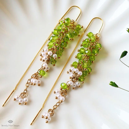 Green Beaded Dangle Earrings with Pearls Gold Chain Earrings Handmade Statement Jewelry Spring Bridal Gift, Sensitive Ear & Clip-On Options