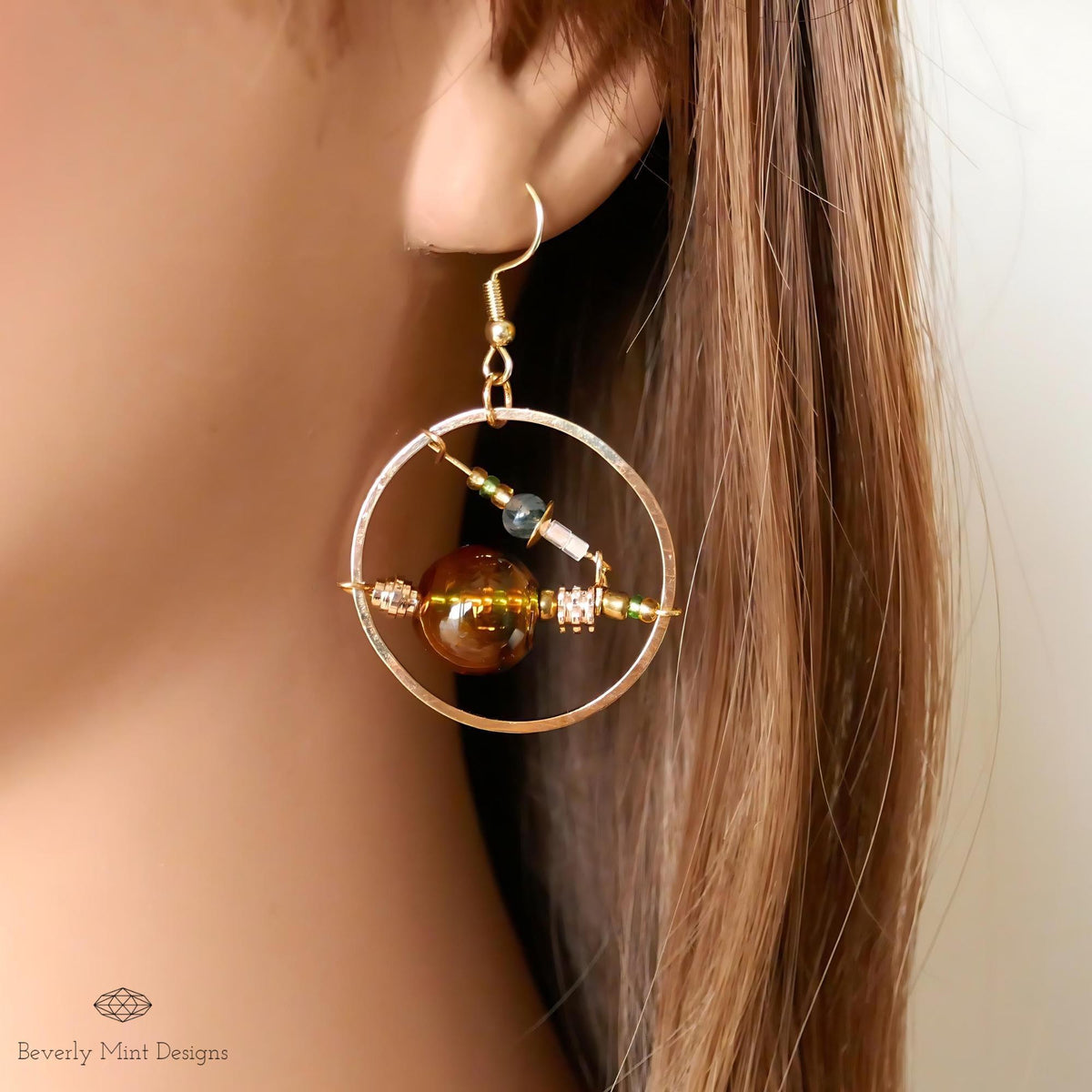 18K Gold Retro Earrings, Unique Drop Earrings, Yellow Glass Bubble Earrings, Unique Dangle Earrings, Long Drop Earrings