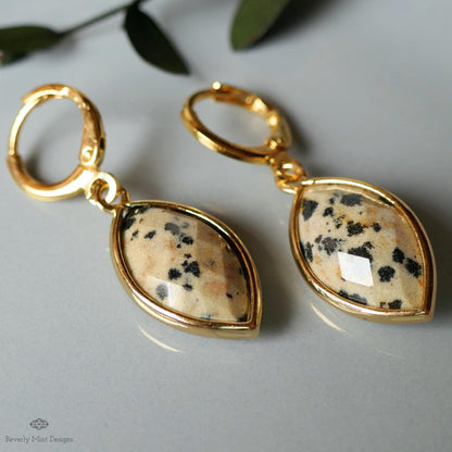 Dalmatian Jasper Hoop Earrings, Leopard Pattern Stone Earrings, Marquise Drop Earrings, Boho Jewelry, Sensitive Ear & Clip-On Options