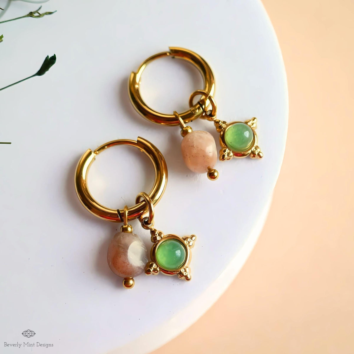 Sunstone and Green Charm Hoops, Gold Huggie Earrings, Dainty Drop Jewelry