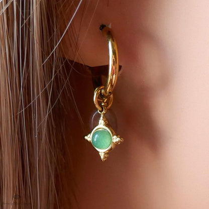 Sunstone and Green Charm Hoops, Gold Huggie Earrings, Dainty Drop Jewelry
