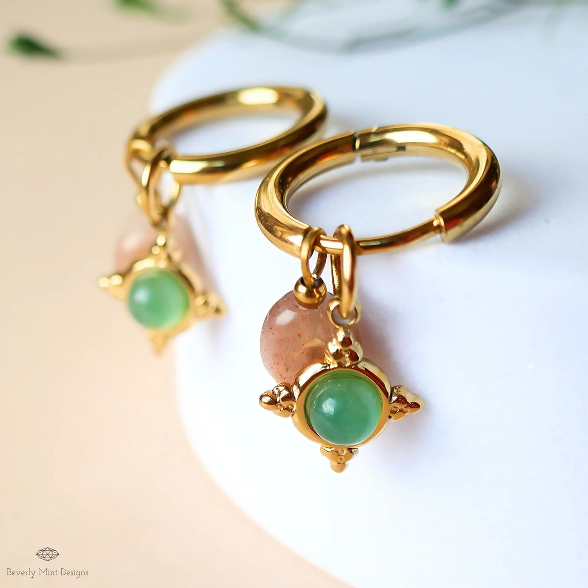 Sunstone and Green Charm Hoops, Gold Huggie Earrings, Dainty Drop Jewelry
