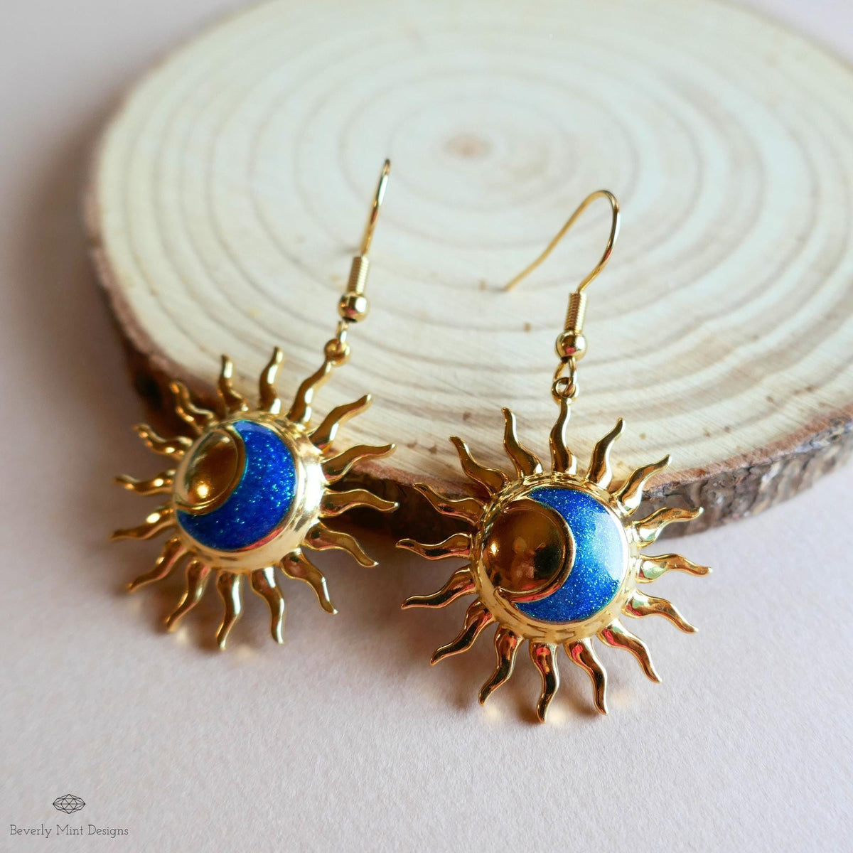 Gold Sun and Moon Earrings, Celestial Dangle Earrings, Boho Cosmic Jewelry, Minimalist Festival Accessories, Sensitive Ear & Clip-On Options