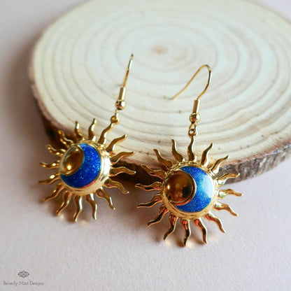 Gold Sun and Moon Earrings, Celestial Dangle Earrings, Boho Cosmic Jewelry, Minimalist Festival Accessories, Sensitive Ear & Clip-On Options
