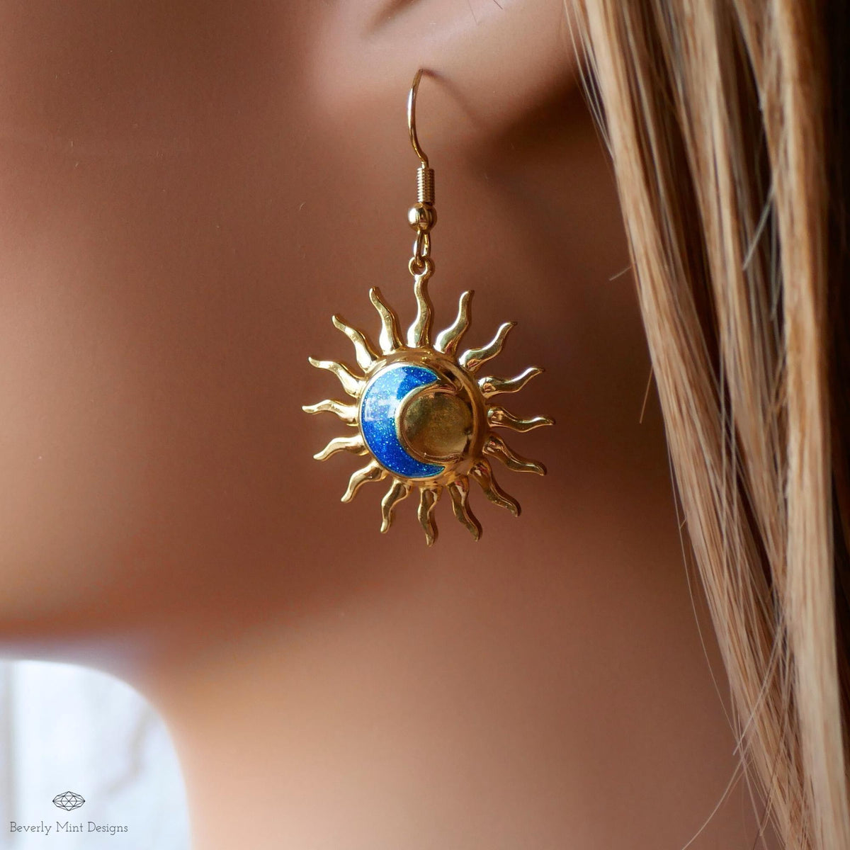 Gold Sun and Moon Earrings, Celestial Dangle Earrings, Boho Cosmic Jewelry, Minimalist Festival Accessories, Sensitive Ear & Clip-On Options
