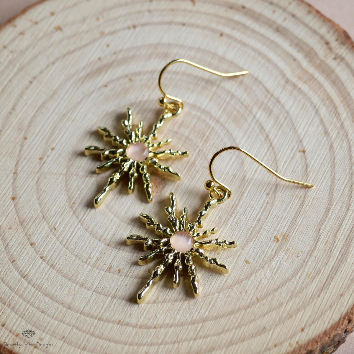 Sun Earrings, Gold Sunburst Earrings with Light Pink Stone, Celestial Boho Jewelry, Sensitive Ear & Clip-On Options