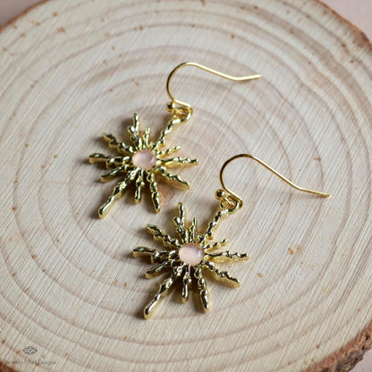 Sun Earrings, Gold Sunburst Earrings with Light Pink Stone, Celestial Boho Jewelry, Sensitive Ear & Clip-On Options