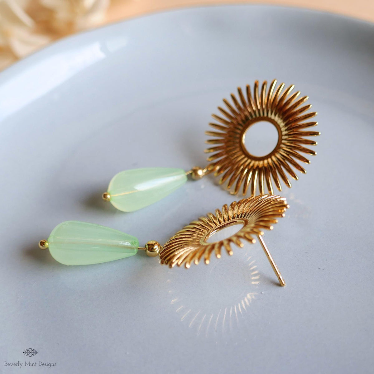 Sunburst Drop Earrings , Gold Statement Earrings with Green Teardrop Beads, Art Deco Boho Jewelry, Retro Vintage Style Gift