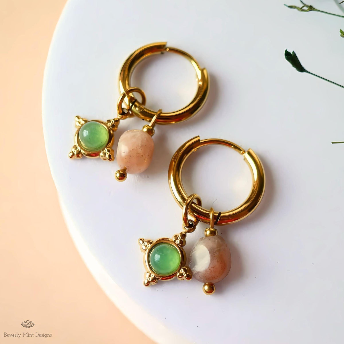 Sunstone and Green Charm Hoops, Gold Huggie Earrings, Dainty Drop Jewelry